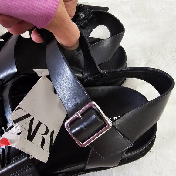 NWT Zara Black Faux Leather Gladiator Fisherme Unisex Sandal Men's 8 Women's 9.5 - Picture 10 of 12